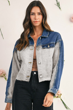 Dusk Blue Patchwork Flap Detail Distress Denim Jacket
