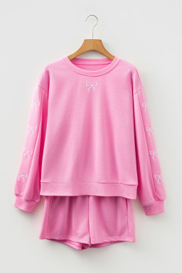 Sachet Pink Bow Embroidery Long Sleeve Pullover and High Waist Shorts Set