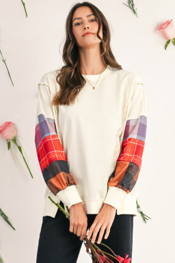 Beige Plaid Patchwork Long Sleeve Exposed Seam Loose Top