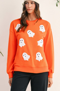 Orange Sequin Halloween Ghost Patched Drop Shoulder Sweatshirt