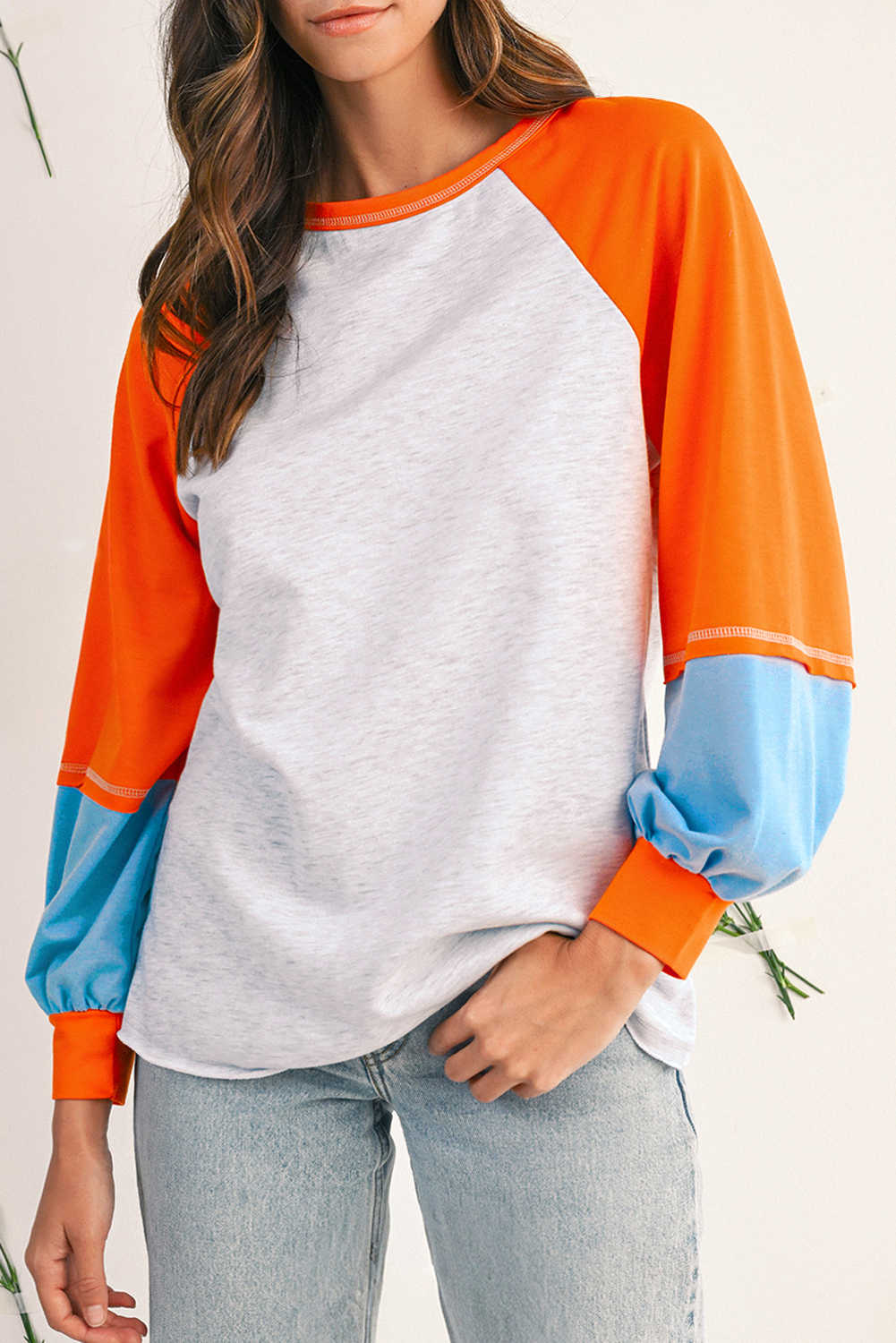 Light Grey Colorblock Raglan Sleeve Loose Fit Top