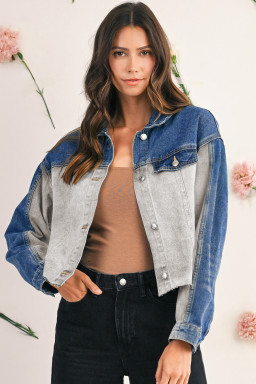 Dusk Blue Patchwork Flap Detail Distress Denim Jacket