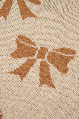 Straw Yellow Striped Checkered Sleeves Bow Print Knit Sweater