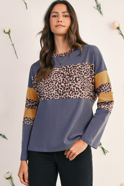 Dark Blue Leopard Colorblock Patchwork Drop Shoulder Top