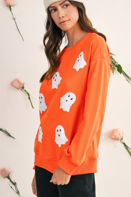 Orange Sequin Halloween Ghost Patched Drop Shoulder Sweatshirt