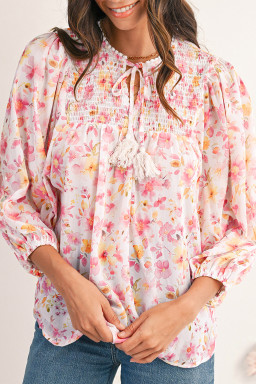 Pink Floral Print Tassel Tie Smocked V Neck Puff Sleeve Tunic Blouse