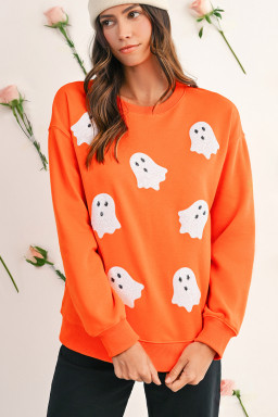 Orange Sequin Halloween Ghost Patched Drop Shoulder Sweatshirt