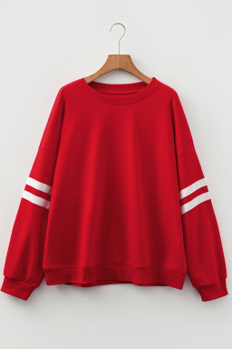 Fiery Red Varsity Striped Detail Plus Size Round Neck Sweatshirt