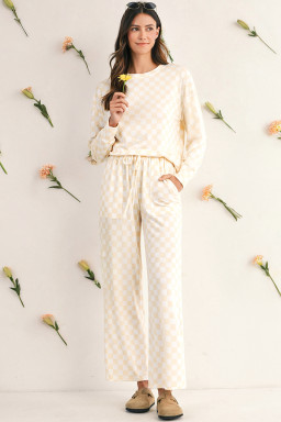 Beige Checkered Print Long Sleeve Loose Fit Pajama Set