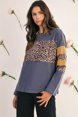 Dark Blue Leopard Colorblock Patchwork Drop Shoulder Top