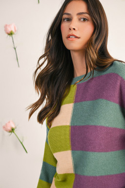 Green Stripe Colorblock Drop Shoulder Ribbed Edge Sweater