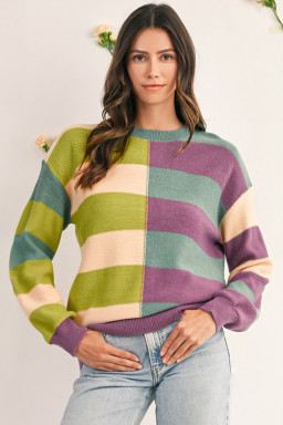 Green Stripe Colorblock Drop Shoulder Ribbed Edge Sweater