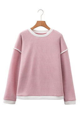 Light Pink Contrast Color Trim Knit Drop Shoulder Loose Top
