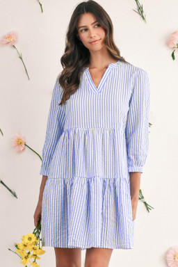 Sky Blue Striped Textured Bracelet Sleeve Tiered Mini Dress
