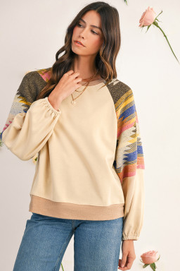 Light French Beige Geometric Patchwork Raglan Sleeve Pullover Sweatshirt