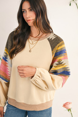 Light French Beige Geometric Patchwork Raglan Sleeve Pullover Sweatshirt
