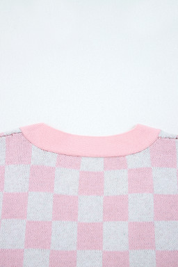 Pink Checkered Christmas Tree Pattern Button V Neck Knit Cardigan