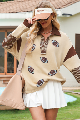Light French Beige Football Sequins Patch Application Striped Patchwork Polo Sweatshirt