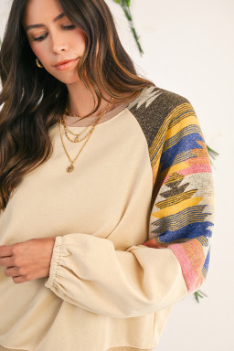 Light French Beige Geometric Patchwork Raglan Sleeve Pullover Sweatshirt