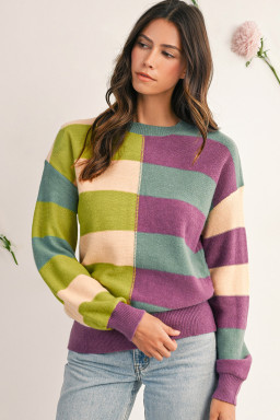 Green Stripe Colorblock Drop Shoulder Ribbed Edge Sweater