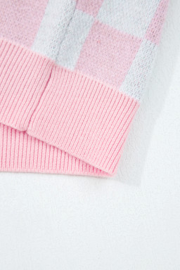 Pink Checkered Christmas Tree Pattern Button V Neck Knit Cardigan