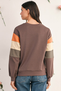 Dark Khaki Colorblock Drop Shoulder Pullover Casual Sweatshirt