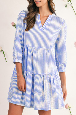 Sky Blue Striped Textured Bracelet Sleeve Tiered Mini Dress