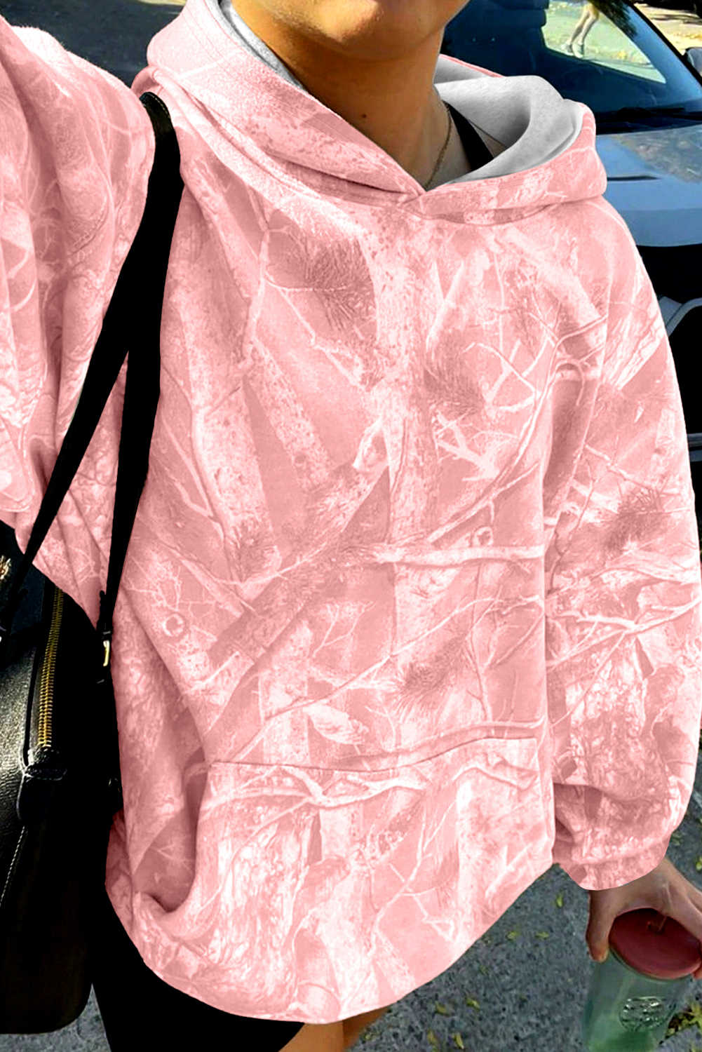 Light Pink Camouflage Plant Print Kangaroo Pocket Oversized Hoodie