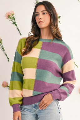 Green Stripe Colorblock Drop Shoulder Ribbed Edge Sweater