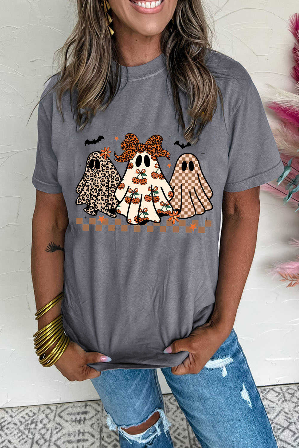 Gray Cute Halloween Ghost Heat Transfer Printing Casual Tee