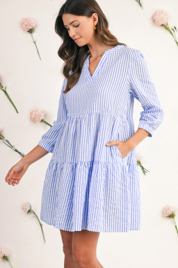 Sky Blue Striped Textured Bracelet Sleeve Tiered Mini Dress