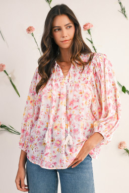 Pink Floral Print Tassel Tie Smocked V Neck Puff Sleeve Tunic Blouse