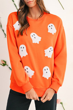 Orange Sequin Halloween Ghost Patched Drop Shoulder Sweatshirt