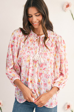 Pink Floral Print Tassel Tie Smocked V Neck Puff Sleeve Tunic Blouse