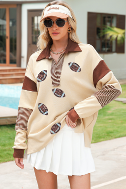 Light French Beige Football Sequins Patch Application Striped Patchwork Polo Sweatshirt