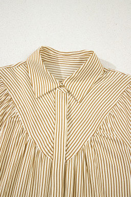 Brown Striped Shirt Collar Ruffle Hem Long Sleeve Dress