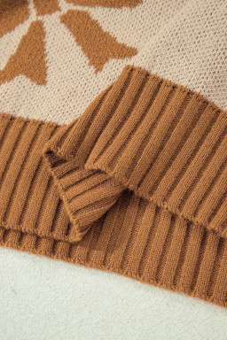 Straw Yellow Striped Checkered Sleeves Bow Print Knit Sweater