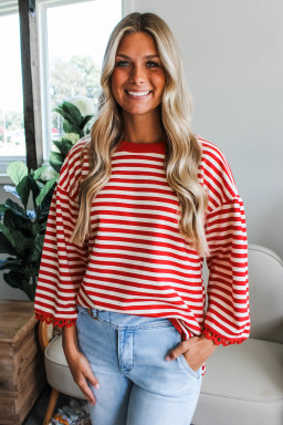 Racing Red Striped Round Neck Contrast Trim Bell Sleeve Top
