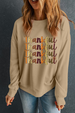 Khaki Thankful Letter Heat Transfer Printing Drop Shoulder Casual Sweatshirt