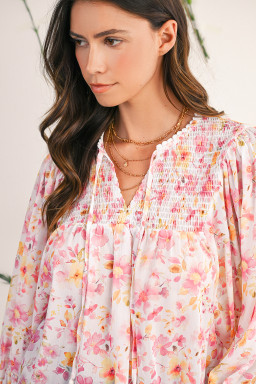 Pink Floral Print Tassel Tie Smocked V Neck Puff Sleeve Tunic Blouse