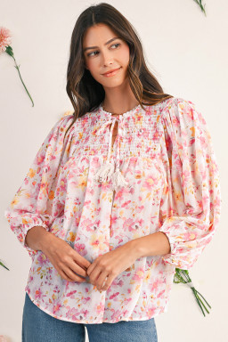 Pink Floral Print Tassel Tie Smocked V Neck Puff Sleeve Tunic Blouse