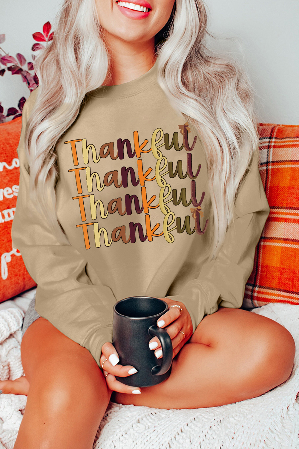Khaki Thankful Letter Heat Transfer Printing Drop Shoulder Casual Sweatshirt