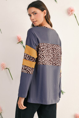 Dark Blue Leopard Colorblock Patchwork Drop Shoulder Top