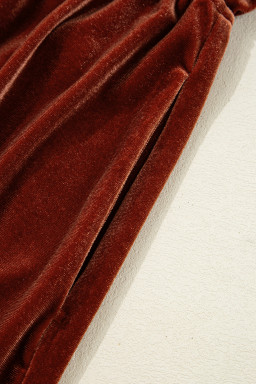 Clay Elastic V Neck Puff Sleeve Flowy Velvet Dress