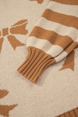 Straw Yellow Striped Checkered Sleeves Bow Print Knit Sweater