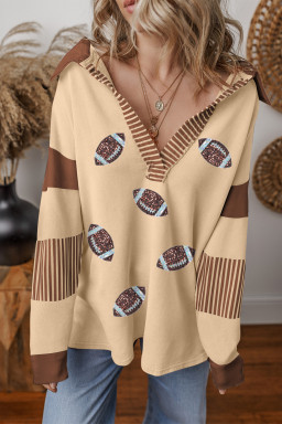 Light French Beige Football Sequins Patch Application Striped Patchwork Polo Sweatshirt