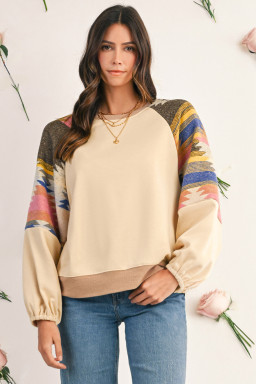 Light French Beige Geometric Patchwork Raglan Sleeve Pullover Sweatshirt