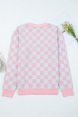 Pink Checkered Christmas Tree Pattern Button V Neck Knit Cardigan