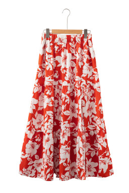 Red High Split Floral Tiered Maxi Skirt