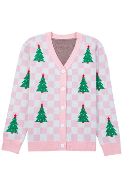 Pink Checkered Christmas Tree Pattern Button V Neck Knit Cardigan